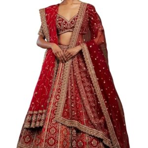 Orange and Red Silk Bridal Lehenga with Zari Work