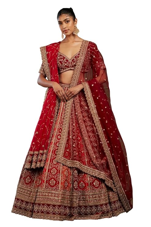Orange and Red Silk Bridal Lehenga with Zari Work