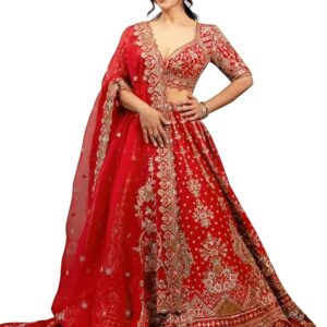 Women's Satin Sequin Embroidery Bridal Lehenga Choli with Net Dupatta