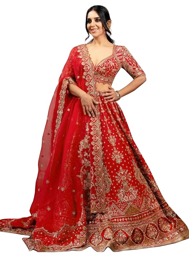 Women's Satin Sequin Embroidery Bridal Lehenga Choli with Net Dupatta