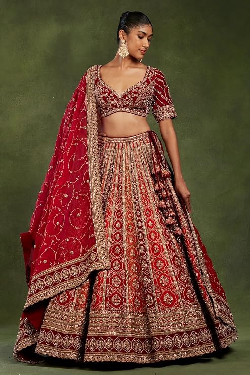 Orange and Red Silk Bridal Lehenga with Zari Work - Image 2