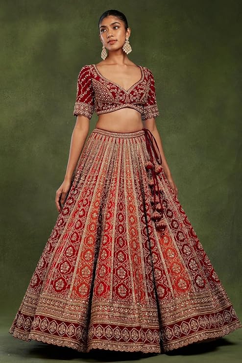 Orange and Red Silk Bridal Lehenga with Zari Work - Image 3