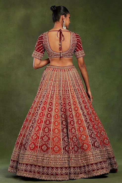 Orange and Red Silk Bridal Lehenga with Zari Work - Image 4