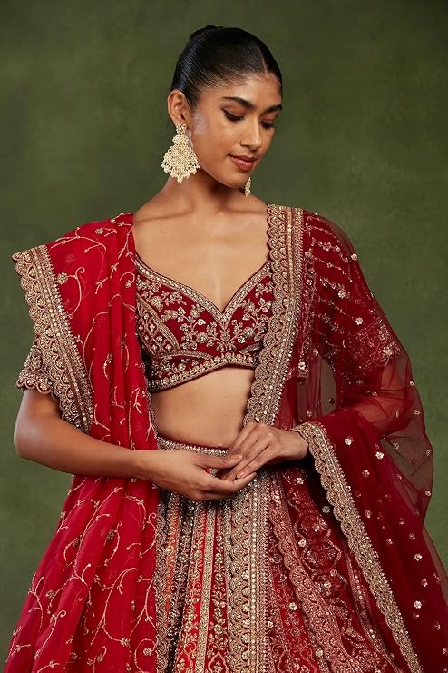 Orange and Red Silk Bridal Lehenga with Zari Work - Image 5