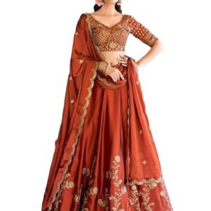 Women's Orange Sequence Embroidery Work Silk Semi-Sttiched Lehenga Choli