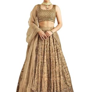 Women's Net Embroidery Sequence Work Lehenga Choli Unstitch Blouse with Dupatta
