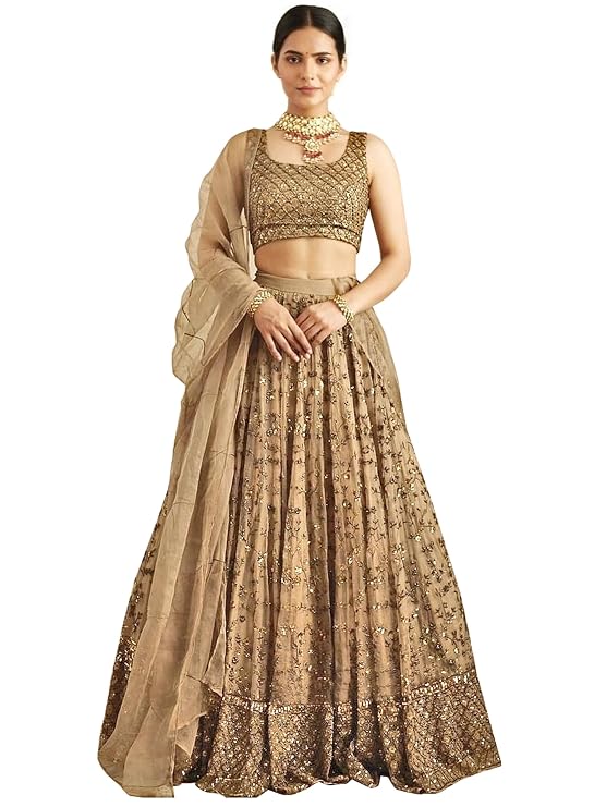 Women's Net Embroidery Sequence Work Lehenga Choli Unstitch Blouse with Dupatta