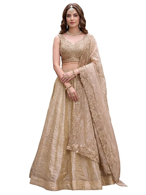 Women's Zari Sequins Embroidered Work Crush Silk Lehenga Choli With Dupatta