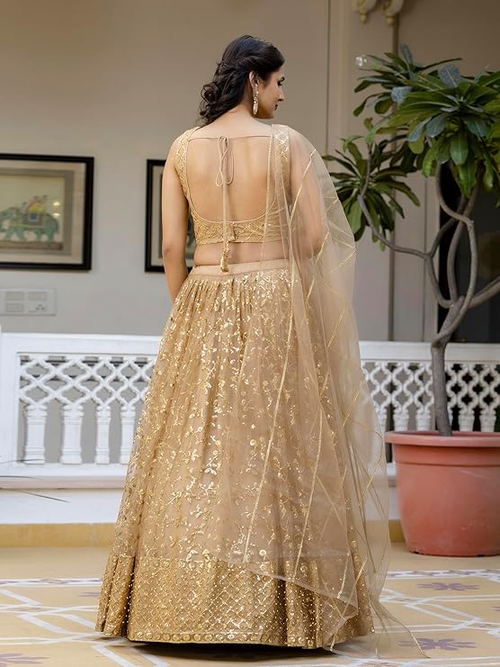 Women's Net Embroidery Sequence Work Lehenga Choli Unstitch Blouse with Dupatta - Image 2