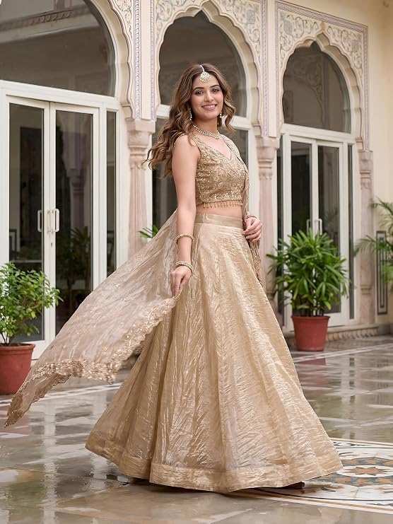 Women's Zari Sequins Embroidered Work Crush Silk Lehenga Choli With Dupatta - Image 2