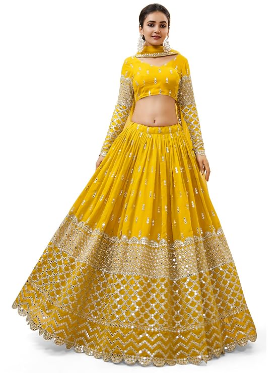 Women's Georgette Embroidered Fabric Sequins Zari Embroidered Semi-Stitched Lehenga Choli With Dupatta