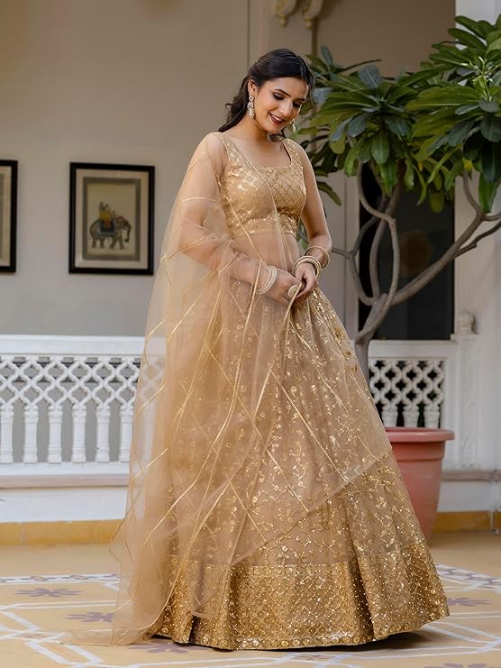 Women's Net Embroidery Sequence Work Lehenga Choli Unstitch Blouse with Dupatta - Image 3