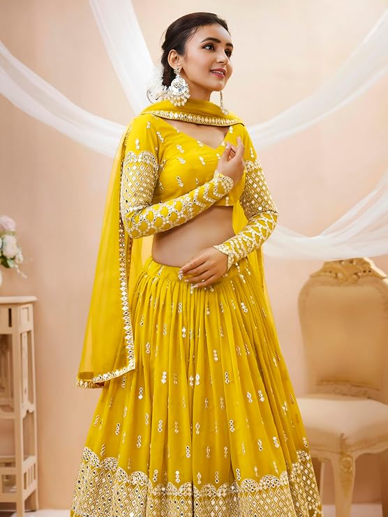 Women's Georgette Embroidered Fabric Sequins Zari Embroidered Semi-Stitched Lehenga Choli With Dupatta - Image 3